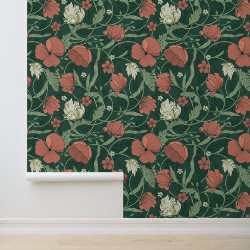William Morris Inspired Green Red Botanical Floral Wallpaper