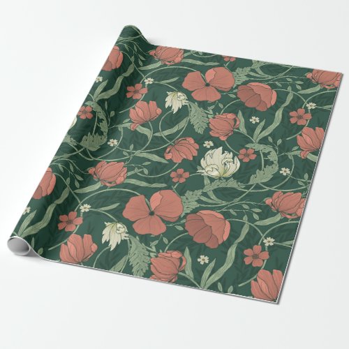 William Morris Inspired Green Red Botanical Floral Wrapping Paper