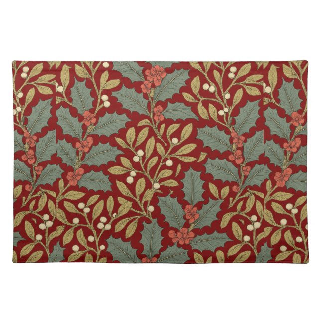 William Morris Inspired Holly & Mistletoe Cloth Placemat (Front)