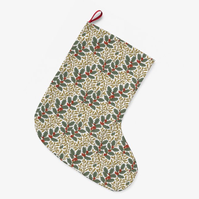 William Morris Inspired Holly & Mistletoe Large Christmas Stocking (Front (Hanging))