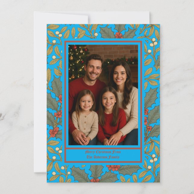 William Morris Inspired Holly & Mistletoe Photo Holiday Card (Front)