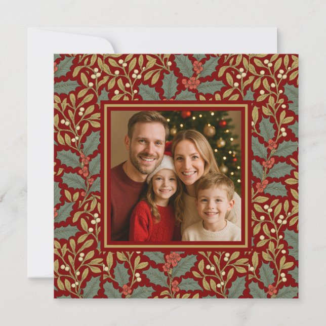 William Morris Inspired Holly Square Photo Holiday Card (Front)