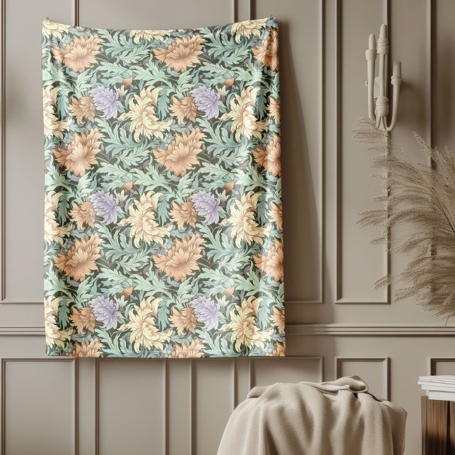 William Morris Inspired pastel green peach ivory Fleece Blanket (William Morris Inspired pastel green peach ivory Fleece Blanket)