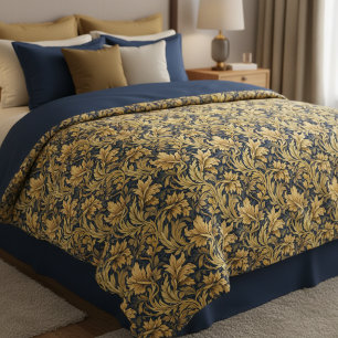 William Morris Inspired Pattern Blue and Golden Duvet Cover