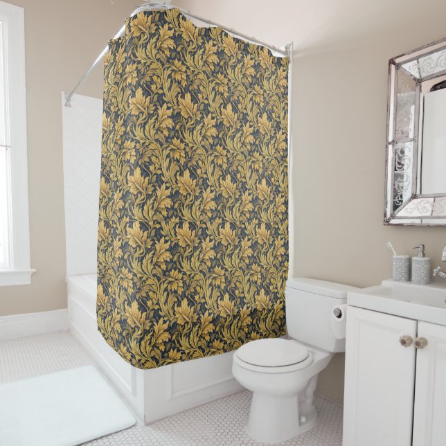 William Morris Inspired Pattern Blue and Golden Shower Curtain (In Situ)