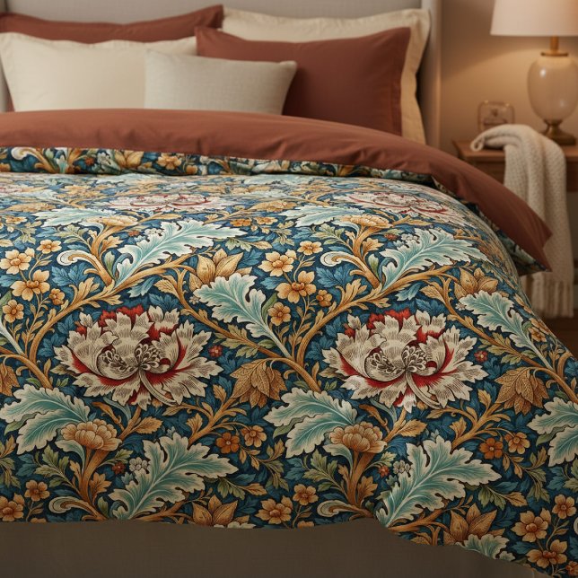 William Morris Inspired Pattern Floral Duvet Cover (William Morris Inspired Pattern Floral Duvet Cover by Ricaso. Cottagecore interior design cosy feel)