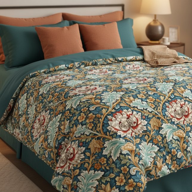 William Morris Inspired Pattern Floral Duvet Cover (William Morris Inspired Pattern Floral Duvet Cover by Ricaso. Deep color, cottagecore luxury)