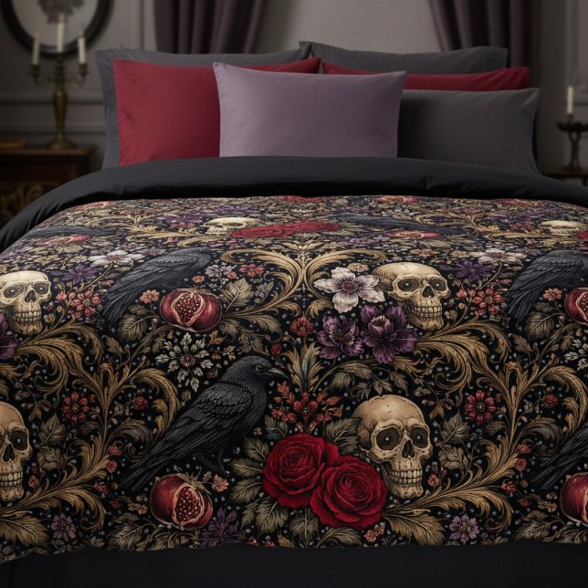 William Morris Inspired Pattern Gothic Skulls Duvet Cover (William Morris Inspired Pattern Gothic Skulls Duvet Cover by Ricaso. Goth dark and moody bedding)