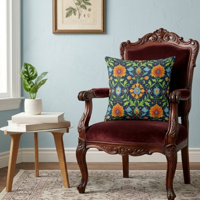 William Morris Inspired Pattern Orange Blue Flower Throw Pillow (William Morris Inspired Pattern Orange Blue Flower Throw Pillow by Ricaso, Vintage twist modern art)