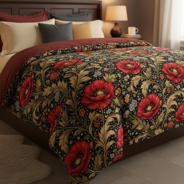 William Morris Inspired Pattern Red Poppy Duvet Cover (William Morris Inspired Pattern Red Poppy Duvet Cover by Ricaso. Luxury cottagecore poppies patterns)
