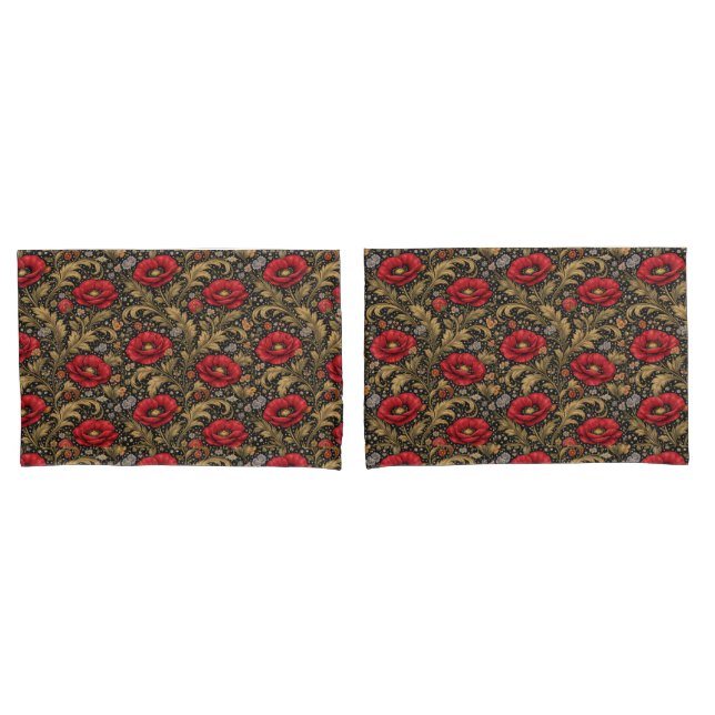William Morris Inspired Pattern Red Poppy Pillow Case (Front-Set)