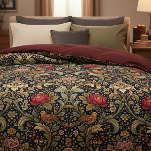 William Morris Inspired Pattern Red Rose and Bird Duvet Cover