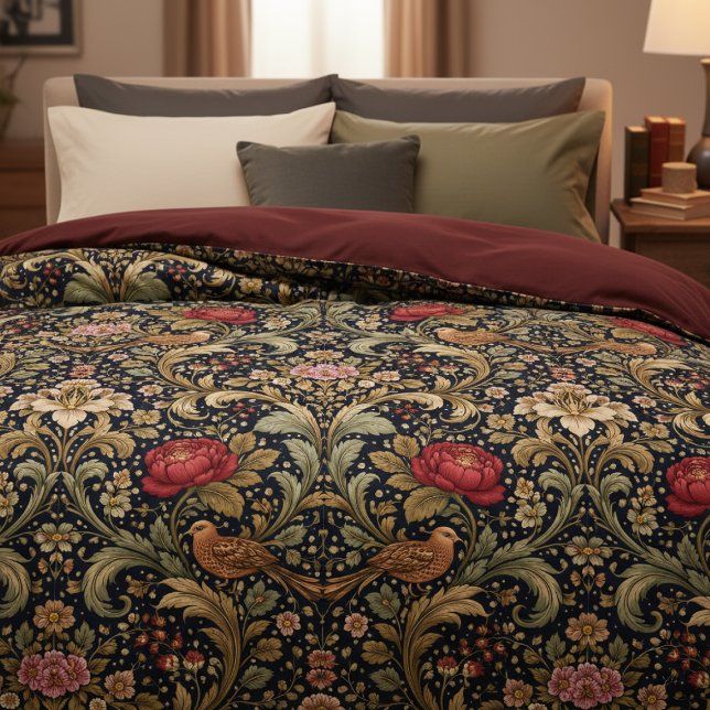 William Morris Inspired Pattern Red Rose and Bird Duvet Cover (William Morris Inspired Pattern Red Rose and Bird Duvet Cover by Ricaso. Cottagecore luxury designer)