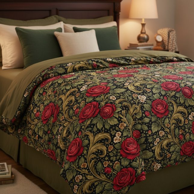 William Morris Inspired Pattern Red Rose Duvet Cover (William Morris Inspired Pattern Red Rose Duvet Cover by Ricaso. Luxury cottagecore interior design)