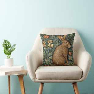 William Morris Inspired Rabbit in a Forest Pillow