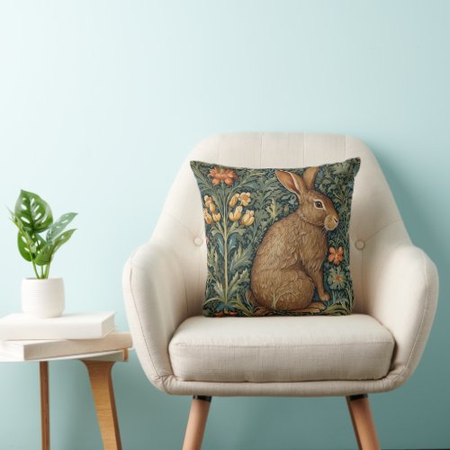 William Morris Inspired Rabbit in a Forest Pillow