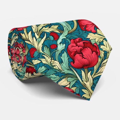 William Morris Inspired Red Flowers Pattern Neck Tie