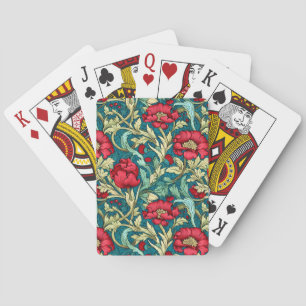 William Morris Inspired Red Flowers Pattern Poker Cards