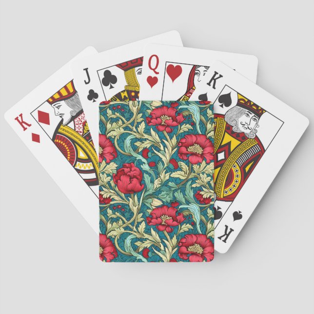 William Morris Inspired Red Flowers Pattern Poker Cards (Back)