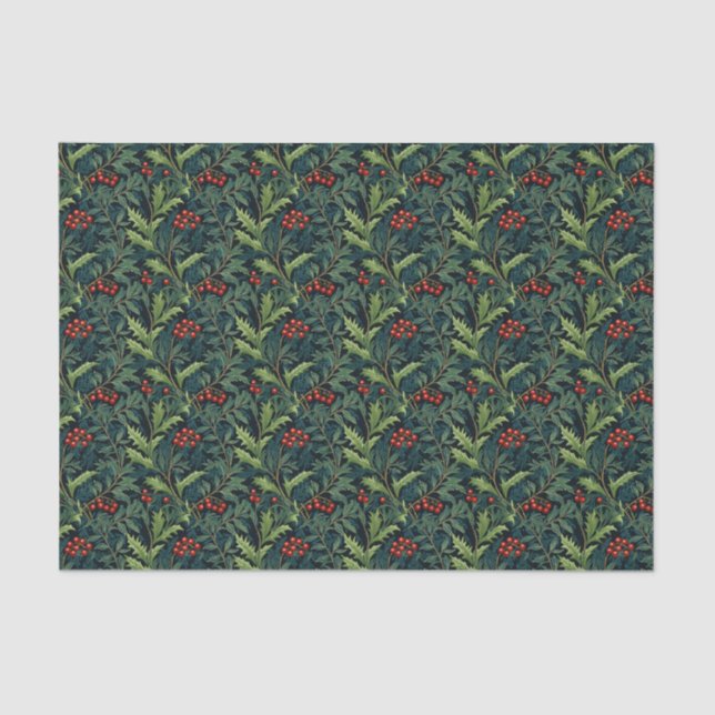 William Morris Inspired Red Holly Berry Christmas Tissue Paper (Front)
