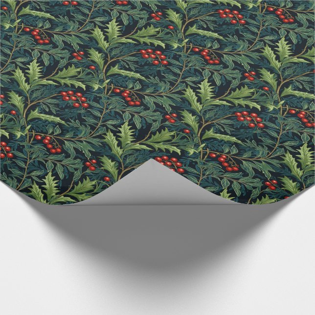 William Morris Inspired Red Holly Berry Christmas Wrapping Paper (Corner)