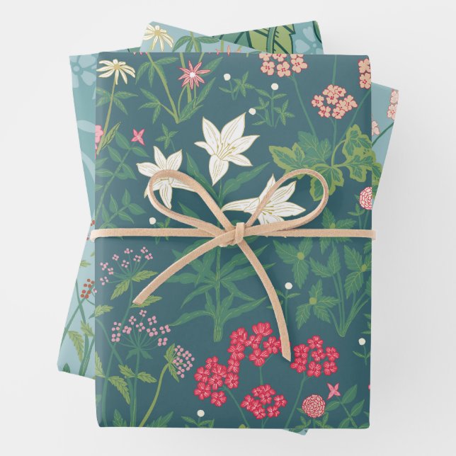 William Morris Inspired Spring Pattern Wrapping Paper Sheets (In situ)