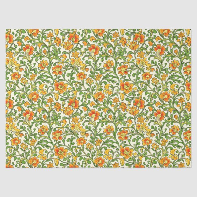 William Morris inspired vibrant green yellow peach Tissue Paper (Front)