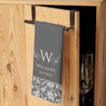 William Morris Inspo Charcoal Grey Floral Custom Kitchen Towel<br><div class="desc">charcoal william morris pattern, black grey white floral, flowery swirling flower design, famous british english artist, traditional family surname flowers,  "classic classy custom monogram",  "personalized customized kitchen towel",  "personal name dark gray",  "elegant stylish sophisticated dishcloth",  "vintage add your own text"</div>