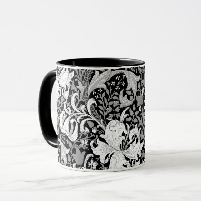 William Morris Iris and Lily, Black and White Mug (Front Left)