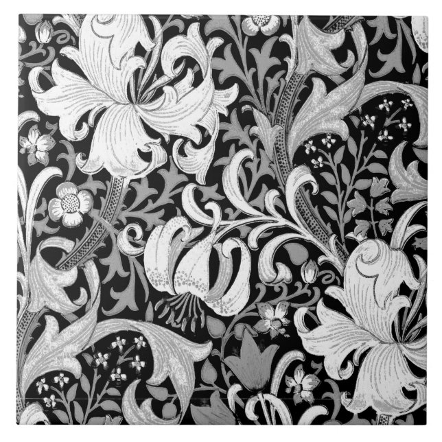 William Morris Iris and Lily, Black and White Tile (Front)