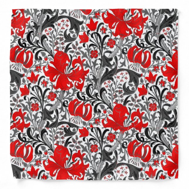William Morris Iris and Lily, Black, White and Red Bandana (Front)