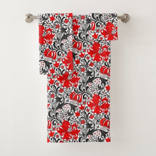 William Morris Iris and Lily Black White and Red Bath Towel Set