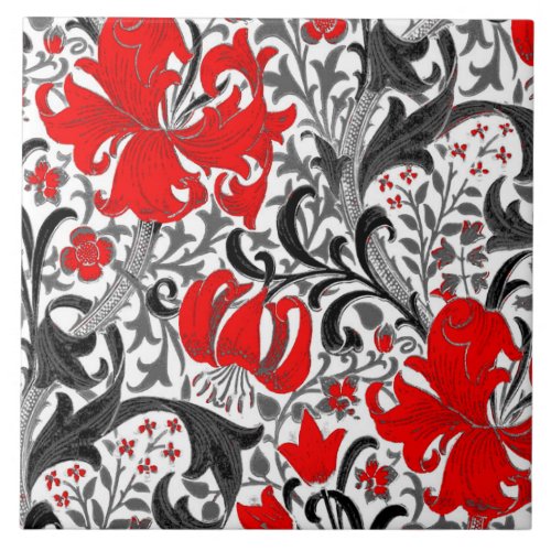 William Morris Iris and Lily Black White and Red Ceramic Tile
