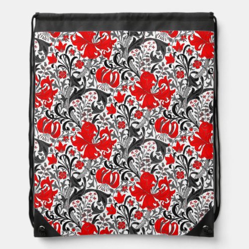 William Morris Iris and Lily Black White and Red Drawstring Bag