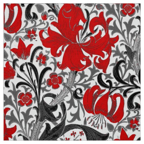 William Morris Iris and Lily Black White and Red Fabric