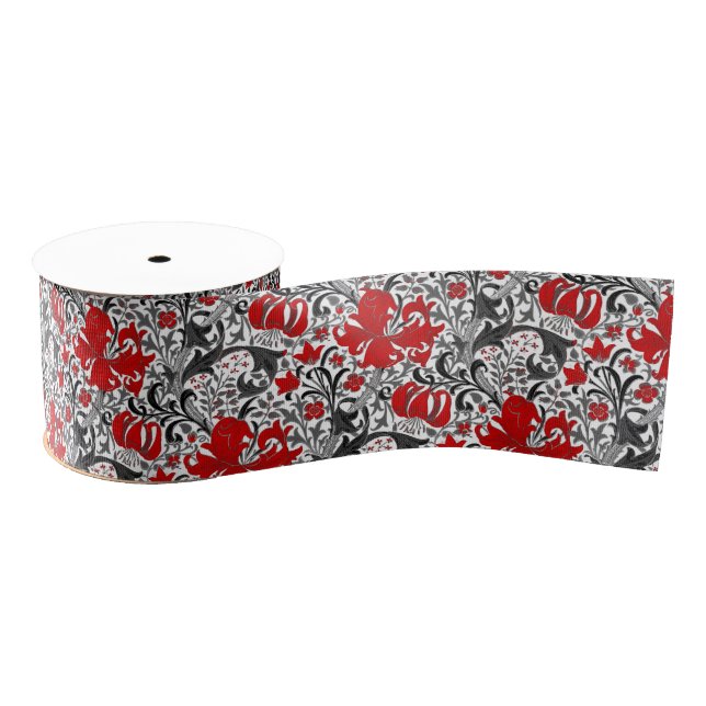 William Morris Iris and Lily, Black, White and Red Grosgrain Ribbon (Spool)
