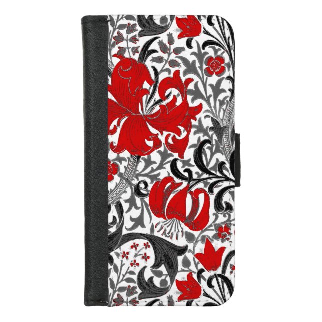 William Morris Iris and Lily, Black, White and Red iPhone Wallet Case (Front)