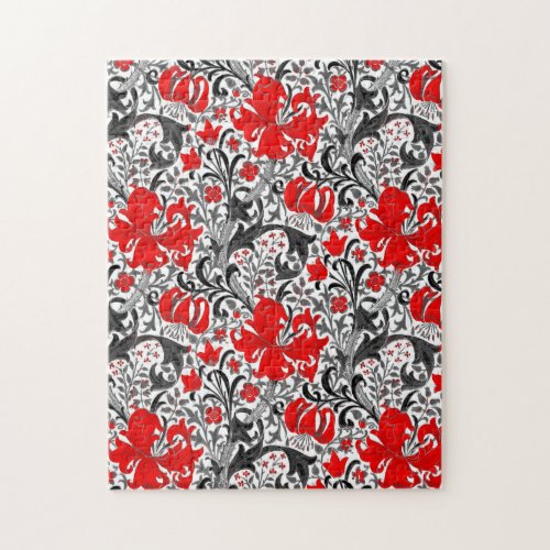 William Morris Iris and Lily Black White and Red Jigsaw Puzzle