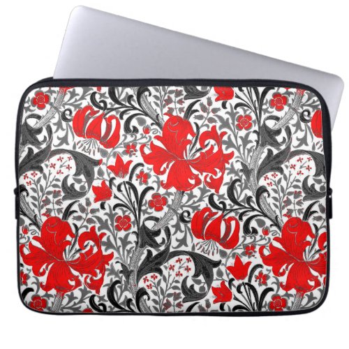 William Morris Iris and Lily Black White and Red Laptop Sleeve