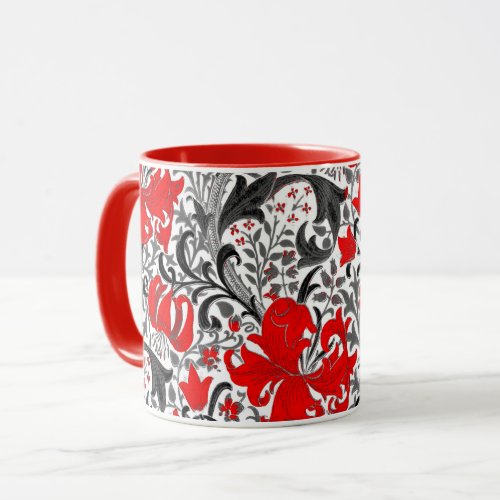 William Morris Iris and Lily Black White and Red Mug