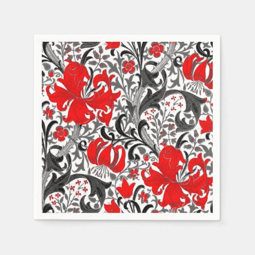 William Morris Iris and Lily Black White and Red Napkins