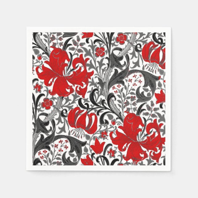 William Morris Iris and Lily, Black, White and Red Napkins (Front)