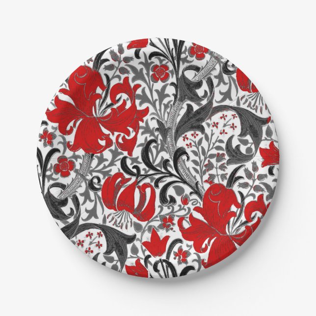 William Morris Iris and Lily, Black, White and Red Paper Plates (Front)