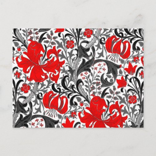 William Morris Iris and Lily Black White and Red Postcard
