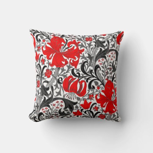 William Morris Iris and Lily Black White and Red Throw Pillow