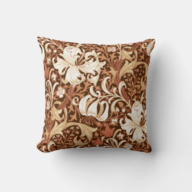 William Morris Iris and Lily, Brown and Tan Throw Pillow (Front)