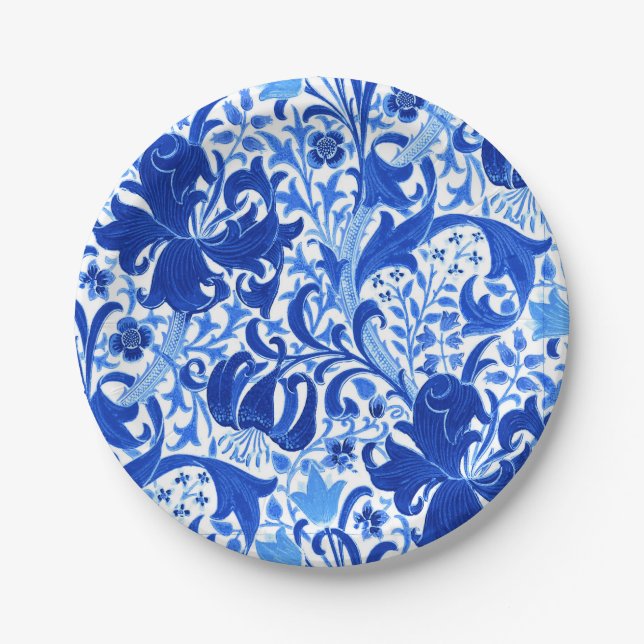 William Morris Iris and Lily, Cobalt Blue Paper Plates (Front)