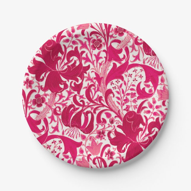William Morris Iris and Lily, Fuchsia Pink Paper Plates (Front)