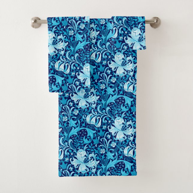 William Morris Iris and Lily, Indigo Blue Bath Towel Set (Insitu)