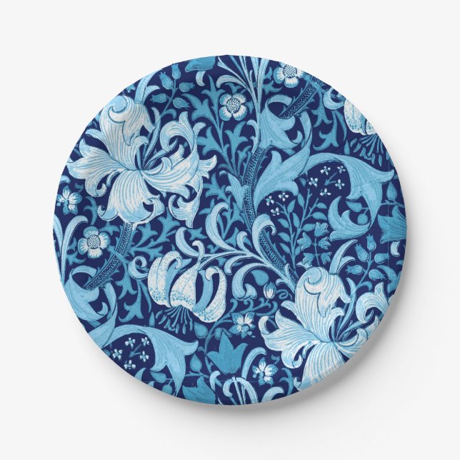 William Morris Iris and Lily, Indigo Blue Paper Plates (Front)